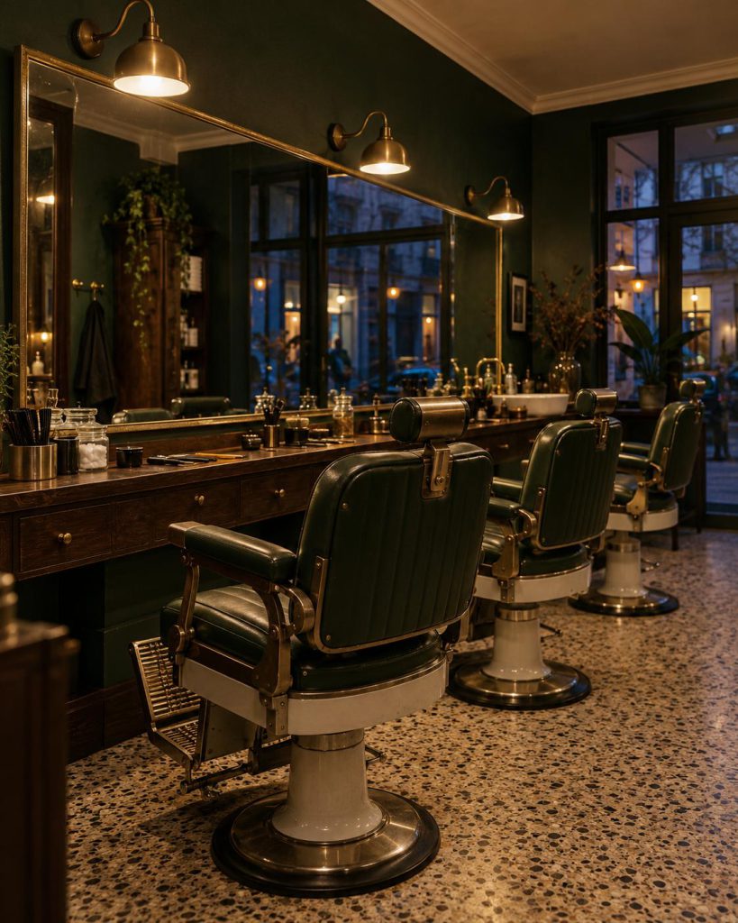 Interieur met drie stoelen voor een lange spiegel
