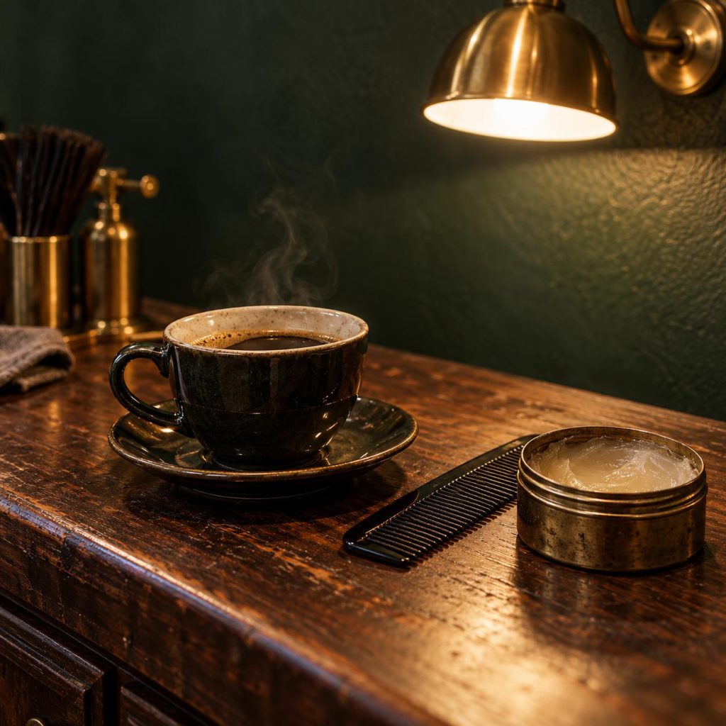 Koffie op de toonbank naast een kam en pommade