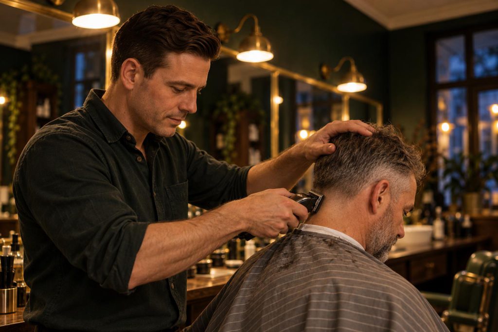 Barbier aan het werk met de tondeuse